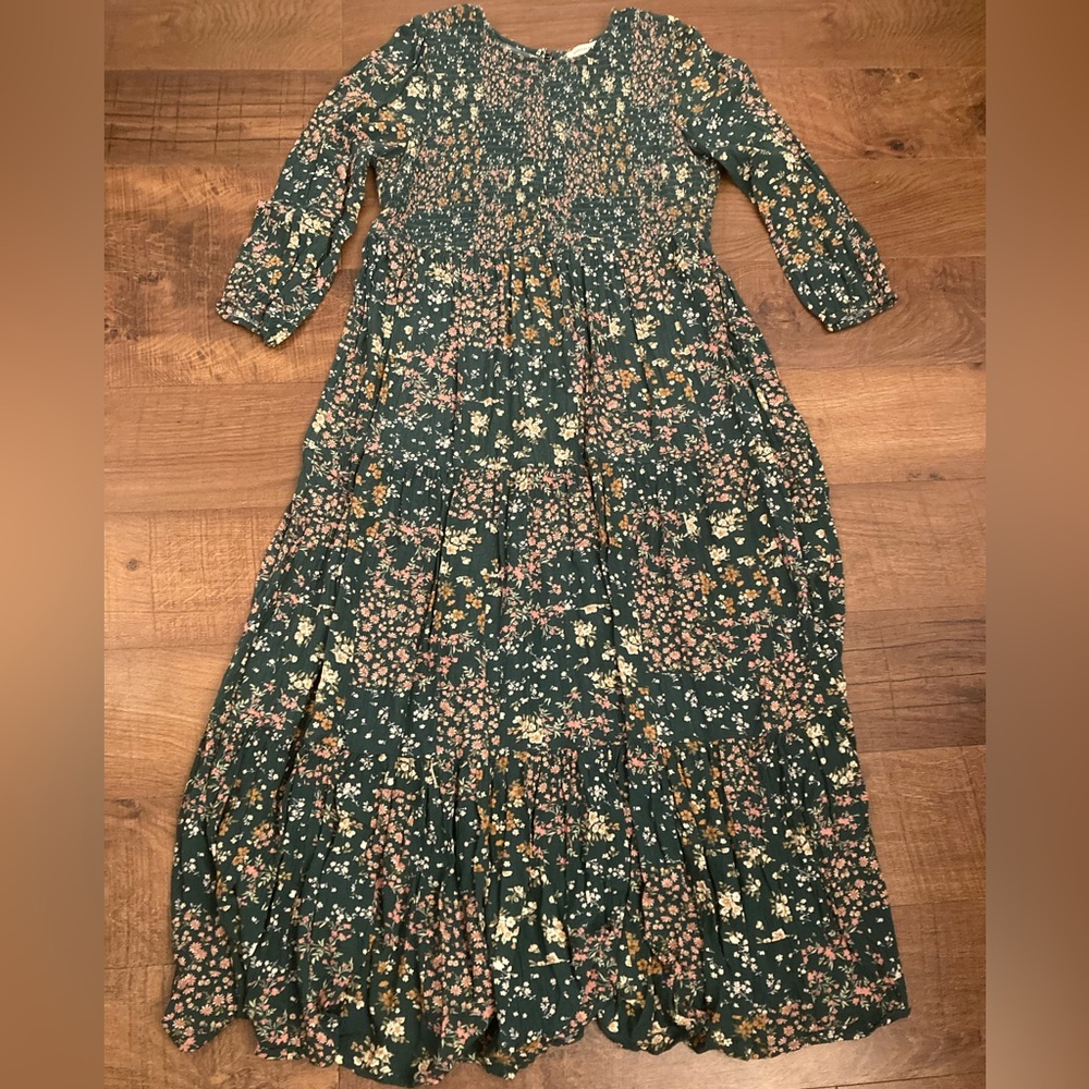 American Eagle Green Floral Smocked Bodice Long Sleeve Maxi Dress Women’s L